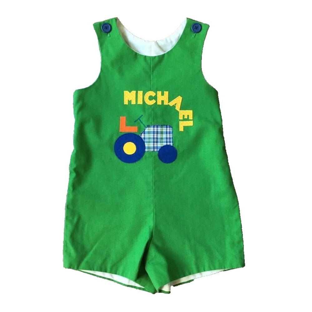 Vtg Jon Jon Romper Shortall Toddler Boy 4 T Michael Monogram Applique Tractor